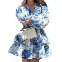 Printed Short V-neck Dress With Long Sleeves