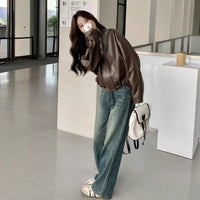 Womens Cropped American Retro Coffee-colored Leather Biker Jacket