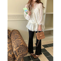 Gentle-style Embroidered Ruffled Sheer Long-sleeve Shirt