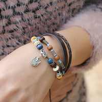 Retro Beaded Cowhide Adjustable Personalized Owl Pendant Leather Bracelet