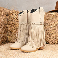 Western Cowboy Women's Boots Belt Buckle Rivet Tassel Big Middle Boots