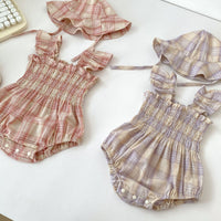 Thin Summer Clothing Baby Girl Color Matching Plaid Onesie Clothes Get Hat For Free