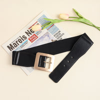 Retro Women's Metal Square Buckle Elastic Elastic Belt Simple Black Needle Buckle Everything Wide Waist Seal Senior Belt