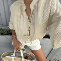 Women's Striped Front-tie V-neck Casual Lazy Feel Shirt