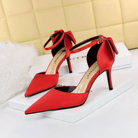 Sweet High-heeled Shallow Pointed Satin Hollow Back Bow With Sandals