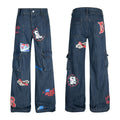 Pattern Dark Flower Funny Multi-pocket Loose And Idle Sense Jeans For Men And Women