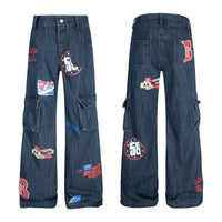 Pattern Dark Flower Funny Multi-pocket Loose And Idle Sense Jeans For Men And Women