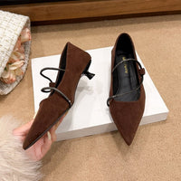 French Gentle Style Pointed Toe Kitten Heel Pumps With Rhinestone Strap
