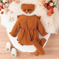 Girls Fashion Simple Sunken Stripe Long Sleeve Bowknot Siamese Triangle Romper With Long Socks
