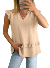 Womens V-Neck Ruffle-Trim Loose Casual Shirt