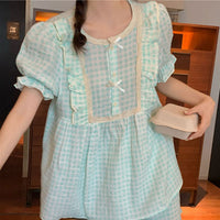 Women's Fashionable Cotton Gauze Plaid Ruffle Short-sleeved Loungewear