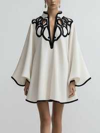 Loose-fitting Color-block V-neck Fashion Dress With Lace Trim