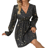 Women's V-Neck Long-Sleeve Sequin-Print High-Waist Casual Dress