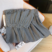 Summer Elastic Waist French Black And White Plaid Irregular A- Line Skirt