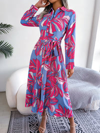 Women's Floral Print Lapel Tie Waist Shirt Maxi Dress