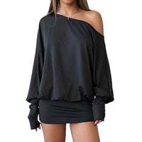 Elegant Off-shoulder Loose-fit Dress With Flared Sleeves