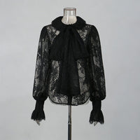 Lantern Sleeve Bow Tie Lace Embroidered Shirt