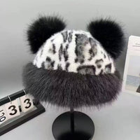 Leopard Pattern Bear Ear Thick Windproof Warm Fisherman Hat