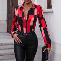 Womens Versatile Geometric-Print Long-Sleeve Blouse