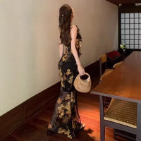 Vacation-style Vintage Floral Beach Dress For Women Figure-flattering With A Slit
