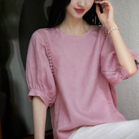 Breathable Lantern-Sleeve Blouse French-Style Youthful Short-Sleeve Top