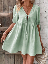 Loose-fit Woven Deep V-neck Designer Tie-front A-line Dress