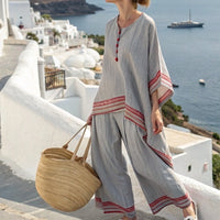 Womens Casual Printed Striped Colorblock Mid-Sleeve Crewneck Top And Pants Set