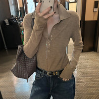 Khaki Polo-neck Fitted Womens Knit Top