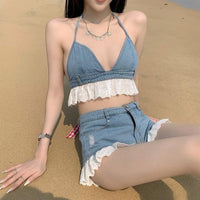 Short Sleeveless Vest Beautiful Back Top Jeans Cover Up Set