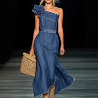 Elegant Strapless Denim 3D Floral Maxi Dress