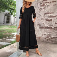 Womens Half-Sleeve Mesh Crew-Neck Patchwork Pocket Dress
