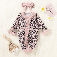 One-piece Leopard Print Single-row Long-sleeve Romper