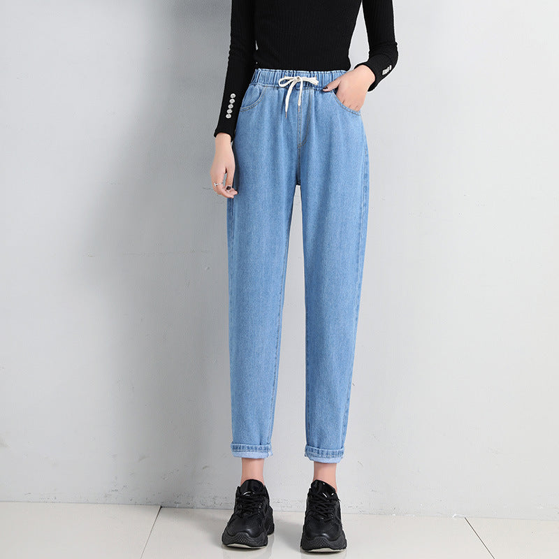 Straight Casual Elastic Waist Lace-up High-waist Jeans Women's Loose Pants