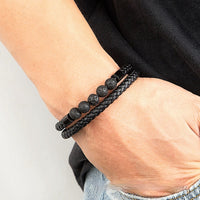 Fashionable All-Match Stainless Steel Genuine Leather Double-Braided Leather Cord Bracelet