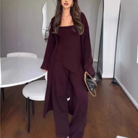 New Style Casual Solid Color Knitted Three-Piece Set Loose Long Coat And Wide-Leg Pants For Women