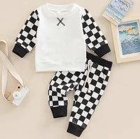 Children's Casual Sweater Suit Checkerboard Long Sleeved Trousers