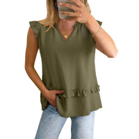 Womens V-Neck Ruffle-Trim Loose Casual Shirt