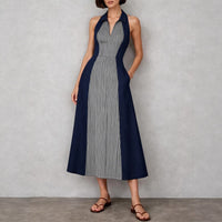 Womens Shirts Collar Defined Waistline Striped Long Swing Dress