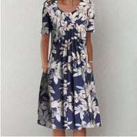 Spring And Summer Women's Elegant Large Swing Round Neck Printed Short Sleeve Dress