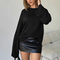 Winter Womens Loose Knitted Sweater With Round Neckline And Wide Cuffs