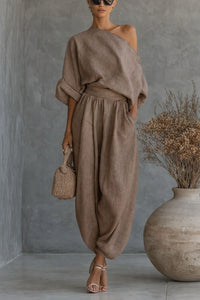 Womens Solid-Color Elegant Off-Shoulder Top And Pants Loose Two-Piece Set
