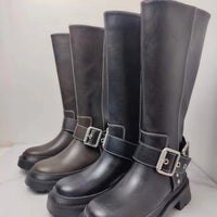 Women's Brown Retro Height Increasing Buckle Decoration High Knight Platform Boots