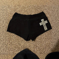 Womens Black Cross Design Comfortable Elastic-Waist Bodycon Ultra-Short Shorts