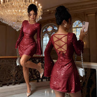 Fashionable Slim-fit Backless Lace-up Sequin Long-sleeve Dress