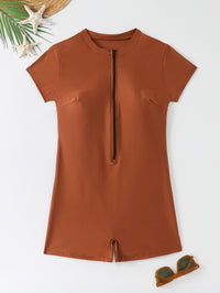 Solid Color Zipper One-pieces Short Sleeve Beach Sports Swimwear
