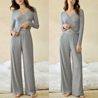 Casual Color Cotton Long-Sleeve Top And Pants Two-Piece Set