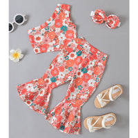 One-shoulder Girls' Summer Rose Print Bell-bottom Pants Three-piece Suit