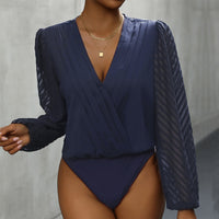 All-matching Solid Color And V-neck Pleated Lace See-through Long-sleeved Jumpsuit