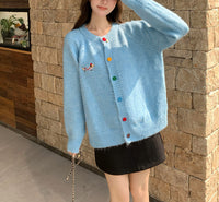 Women's Sweet Round Neck Color Buckle Puppy Pattern Long-sleeved Sweater Cardigan