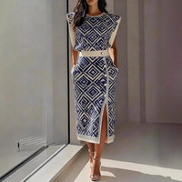 Womens Printed Sleeveless Top And Slit Long Skirt Set